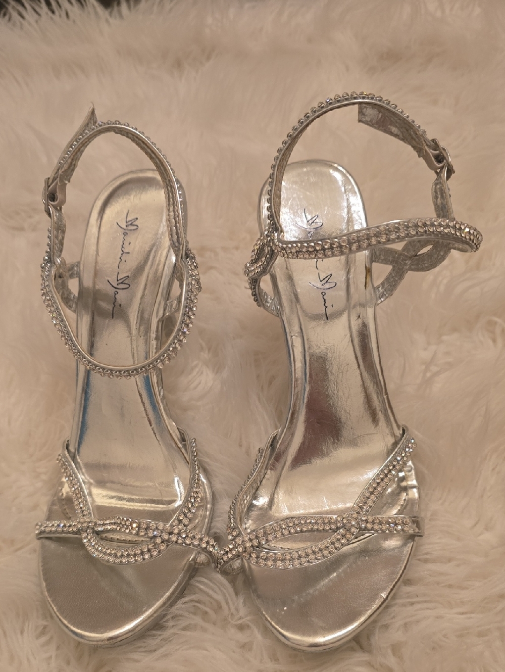 Silver Crystal-Strap Women's Heeled Sandals